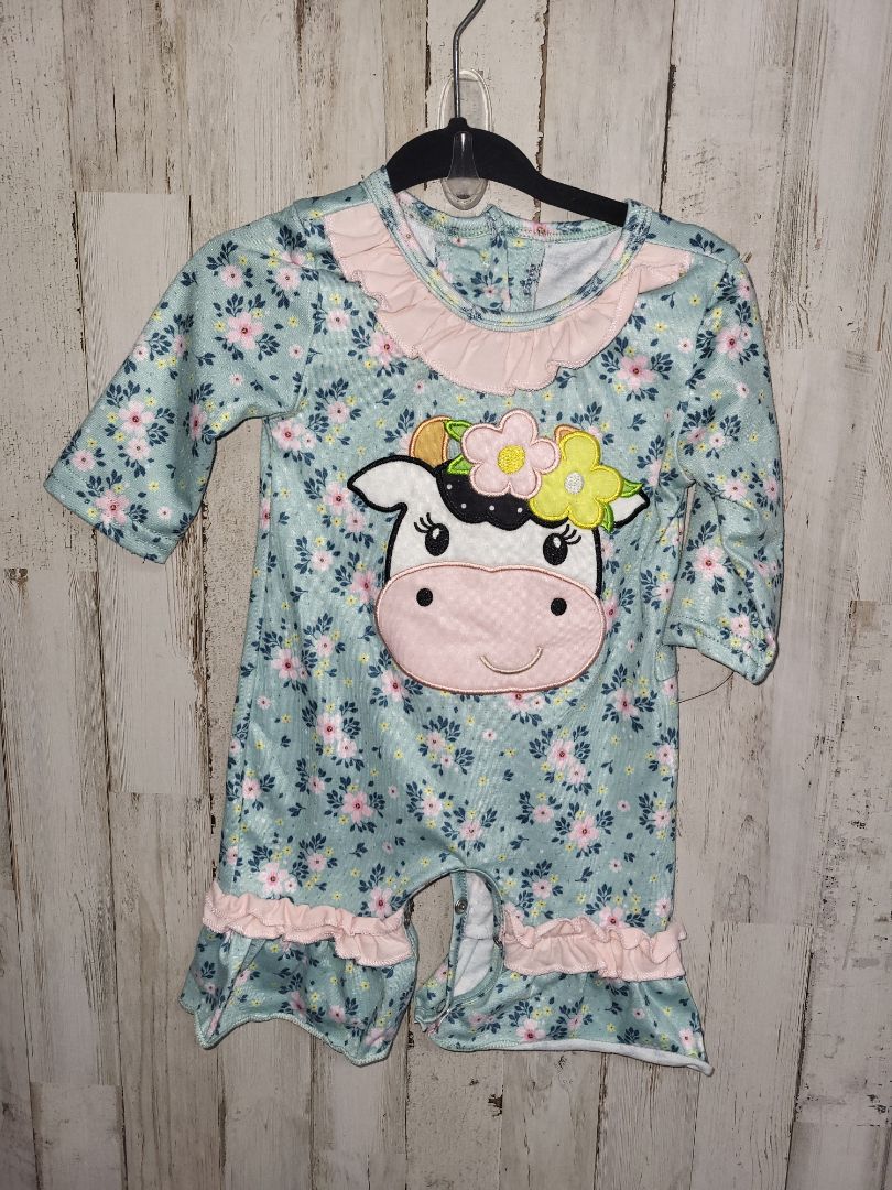 teal Boutique floral cow romper, Girl 3M