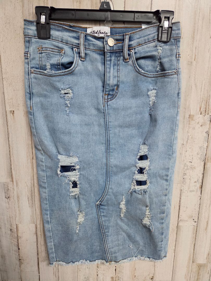 DENIM SKIRTED FANCY DISTRESSED PATCH SKIRT, LADIES XS