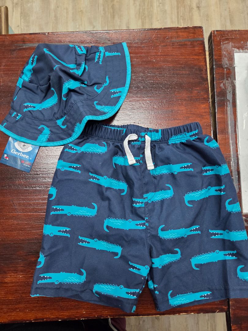 NAVY GERBER ALLIGATOR SWIM TRUNKS & HAT, BOY 24M
