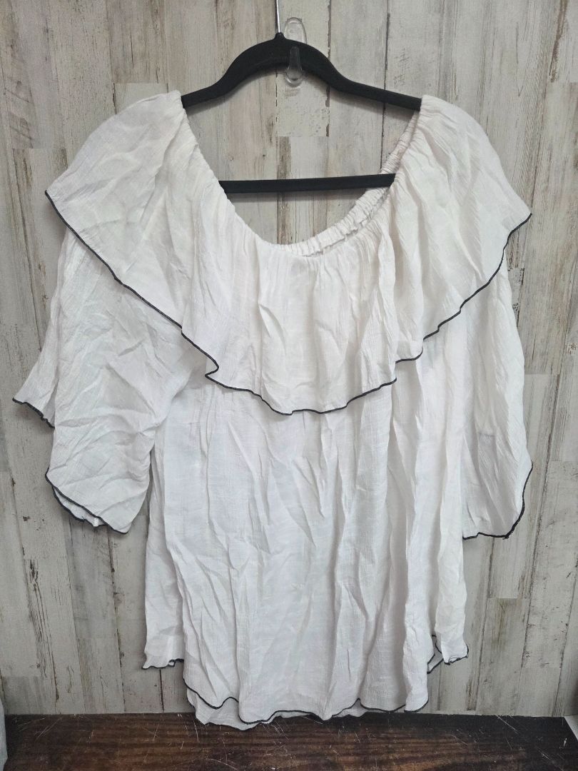 WHITE/BLACK CATO SHEER RUFFLE TOP, LADIES 2X