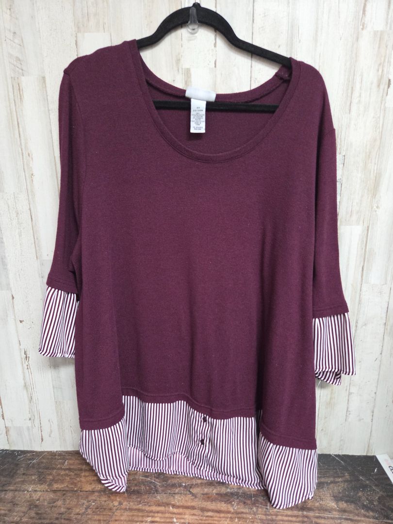 MAROON CATO STRIPE TRIM TOP, LADIES 2X