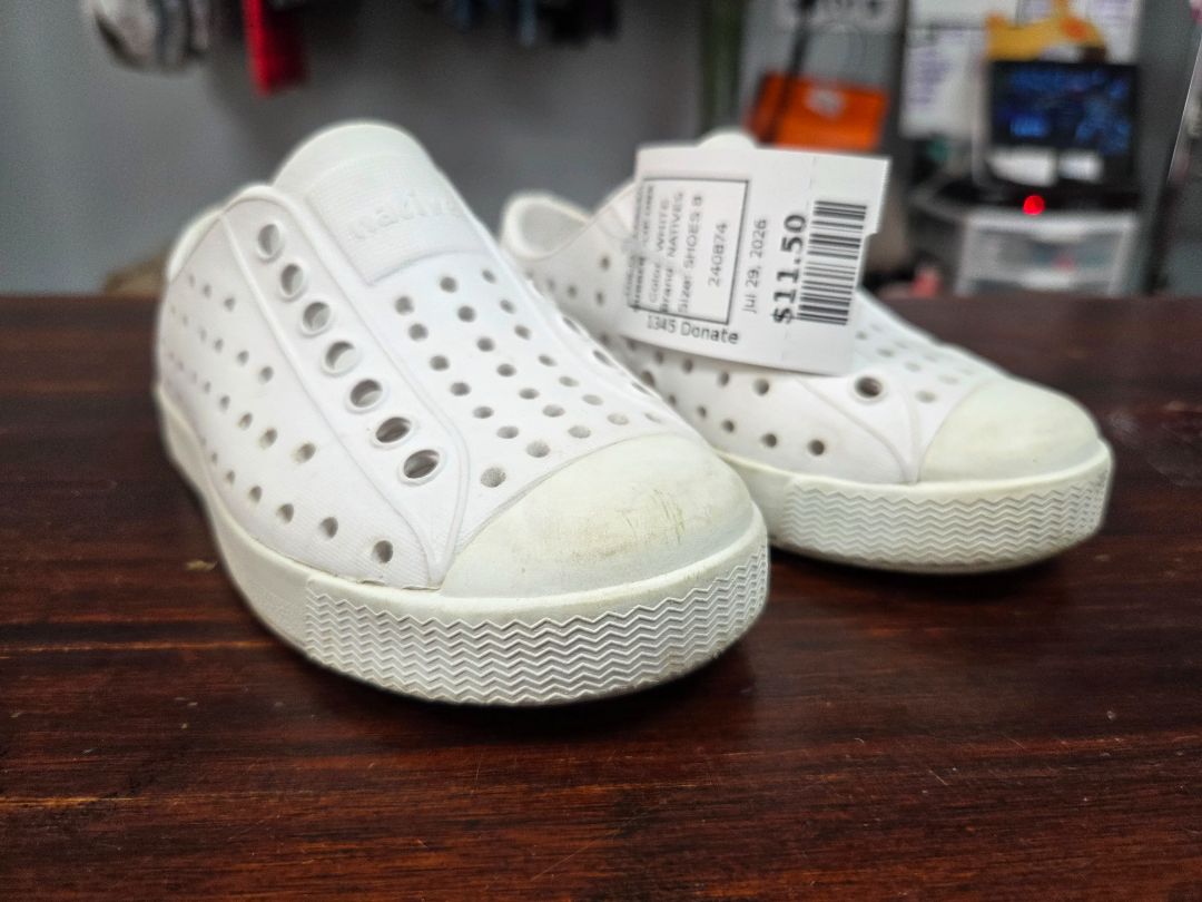 WHITE NATIVES RUBBER SLIP ONS, SHOES 8