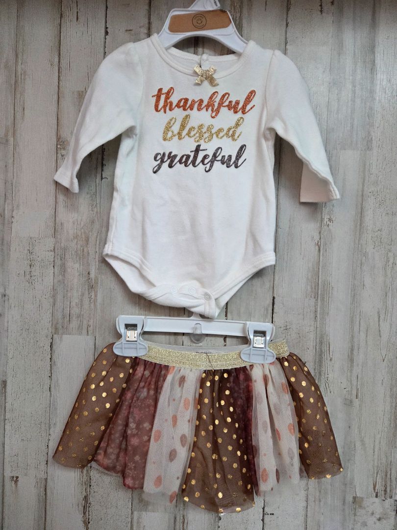 white/brown baby starters thankful outfit, girl 6-9m