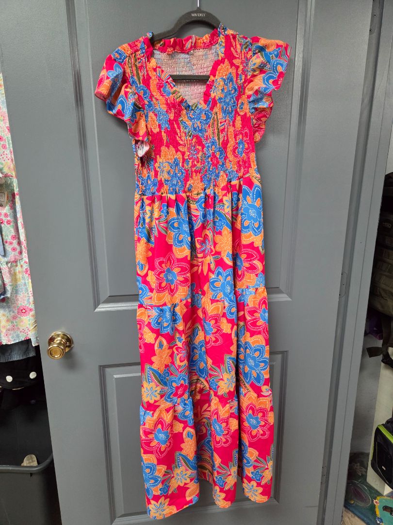 PINK/BLUE SMOCKED FLORAL MAXI DRESS, LADIES XL