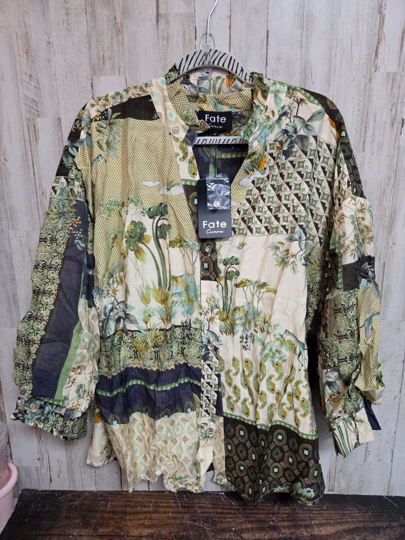GREEN/BEIGE FATE PRINTED BUTTON TOP, LADIES 1X