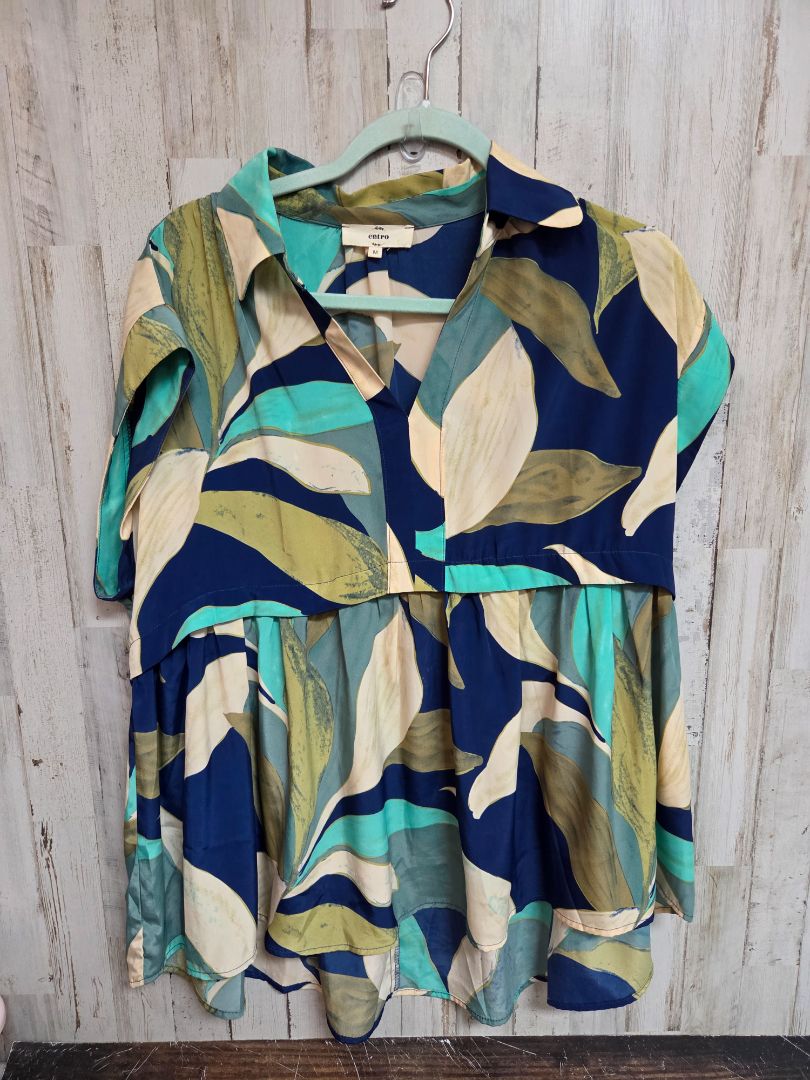 NAVY/BEIGE ENTRO PRINTED COLLAR TOP, LADIES M