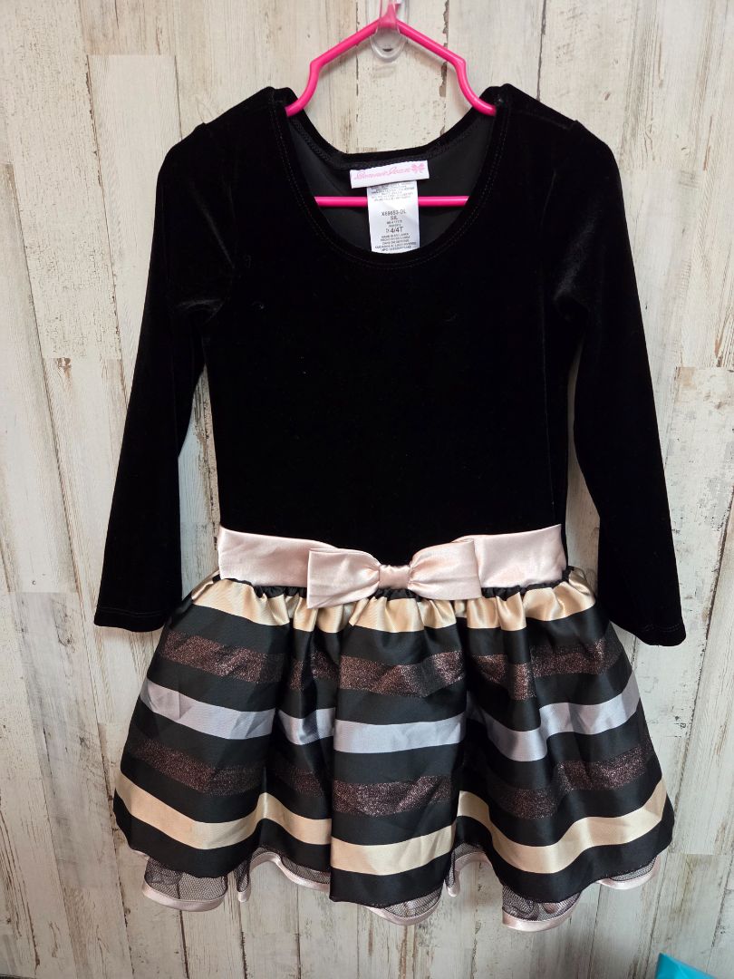 BLACK BONNIE JEAN STRIPE BOW VELVET DRESS, GIRL 4T