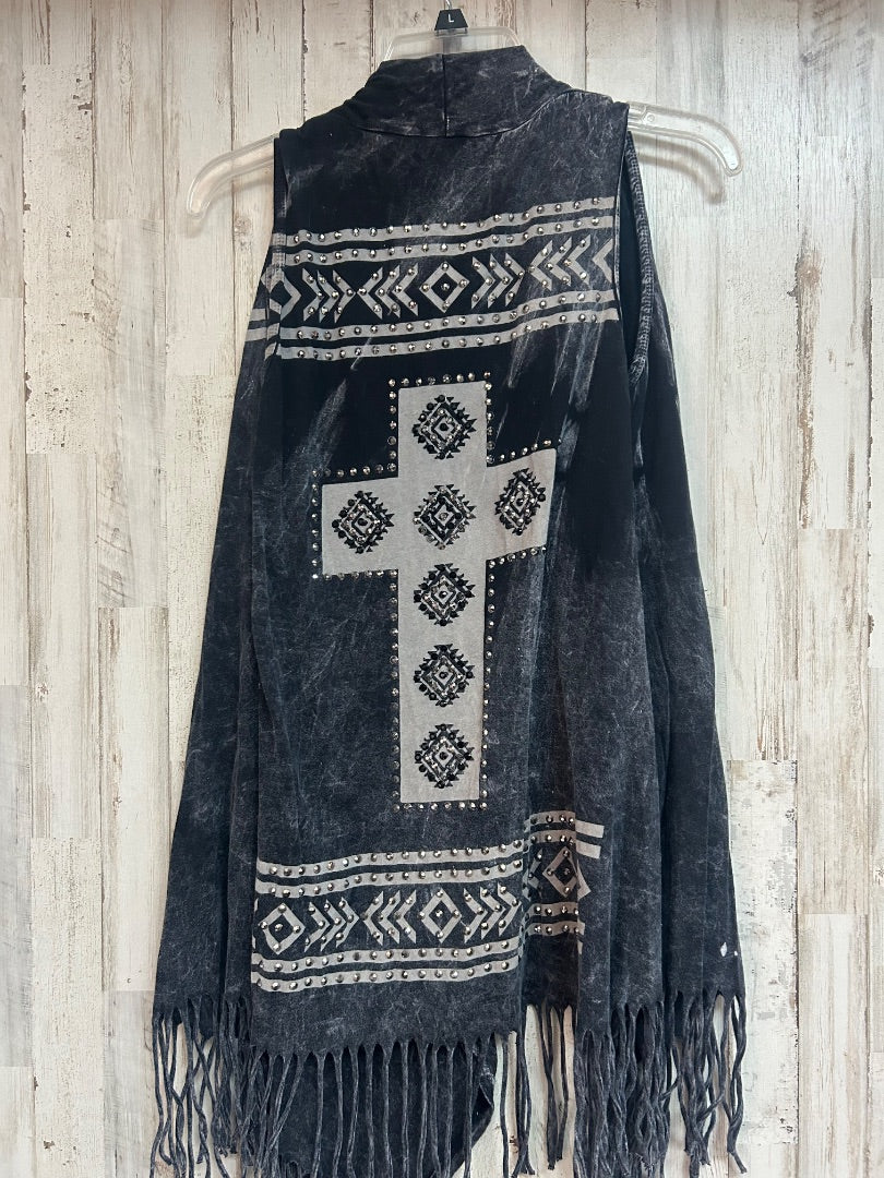 BLACK VOCAL EMBELLISHED ACID WASHED FRINGE VEST, LADIES S