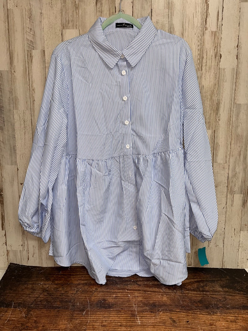 BLUE/WHITE EMERY ROSE STRIPE TIER BUTTON UP, LADIES 2X