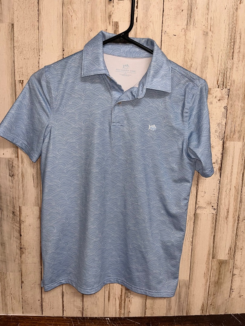 BLUE SOUTHERN TIDE WAVE PRINT DRY FIT POLO, BOY 14