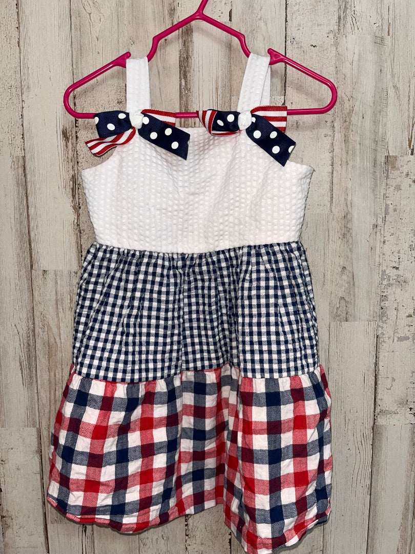 RED/WHITE/BLUE BONNIE BABY PATRIOTIC PRINT GINGHAM DRESS, GIRL 24M