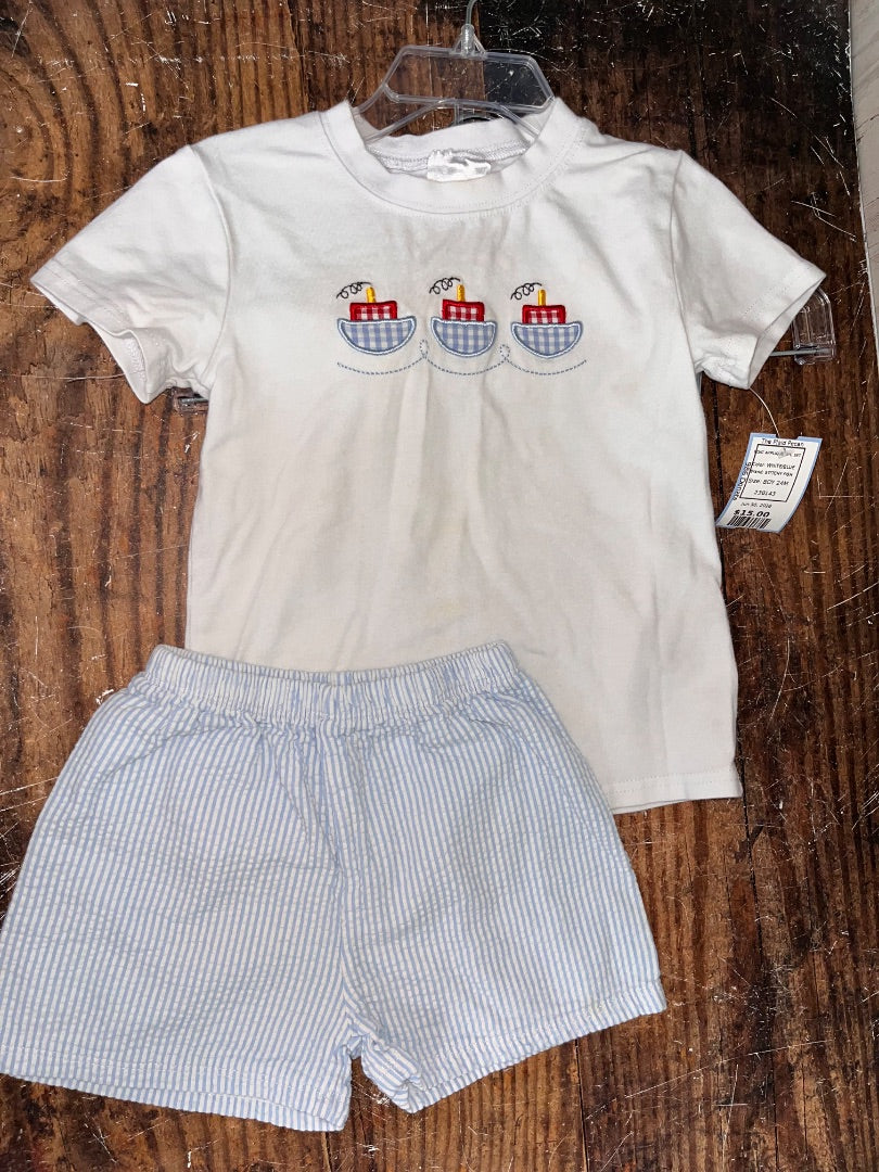 WHITE/BLUE STITCHY FISH BOAT APPLIQUE 2PC SET, BOY 24M