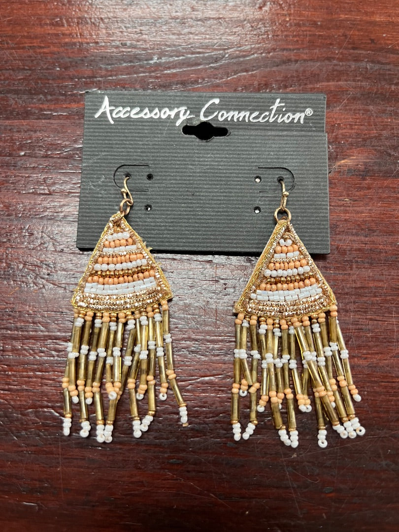TAN/GOLD ACCESSORY CONNECTION BEADED TRIANGLE DANGLE EARRINGS