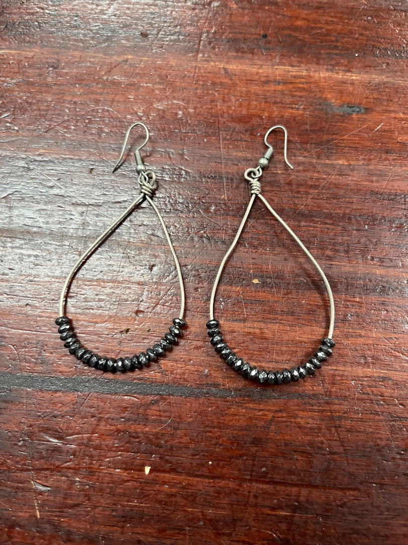 SILVER/DARK GREY BEADED TEARDROP DANGLE EARRINGS