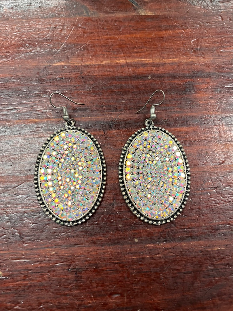 IRREDESCENT LARGE OVAL RHINESTONE EARRINGS