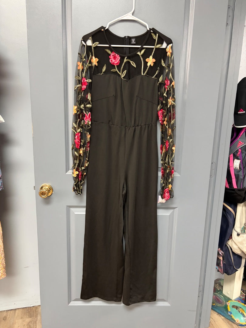 BLACK SHEIN FLORAL MESH JUMPSUIT, LADIES 0X
