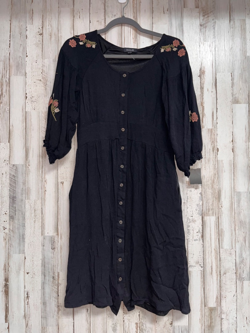 BLACK ROOLEE FLORAL SLEEVE MUSLIN BUTTON DRESS, LADIES M