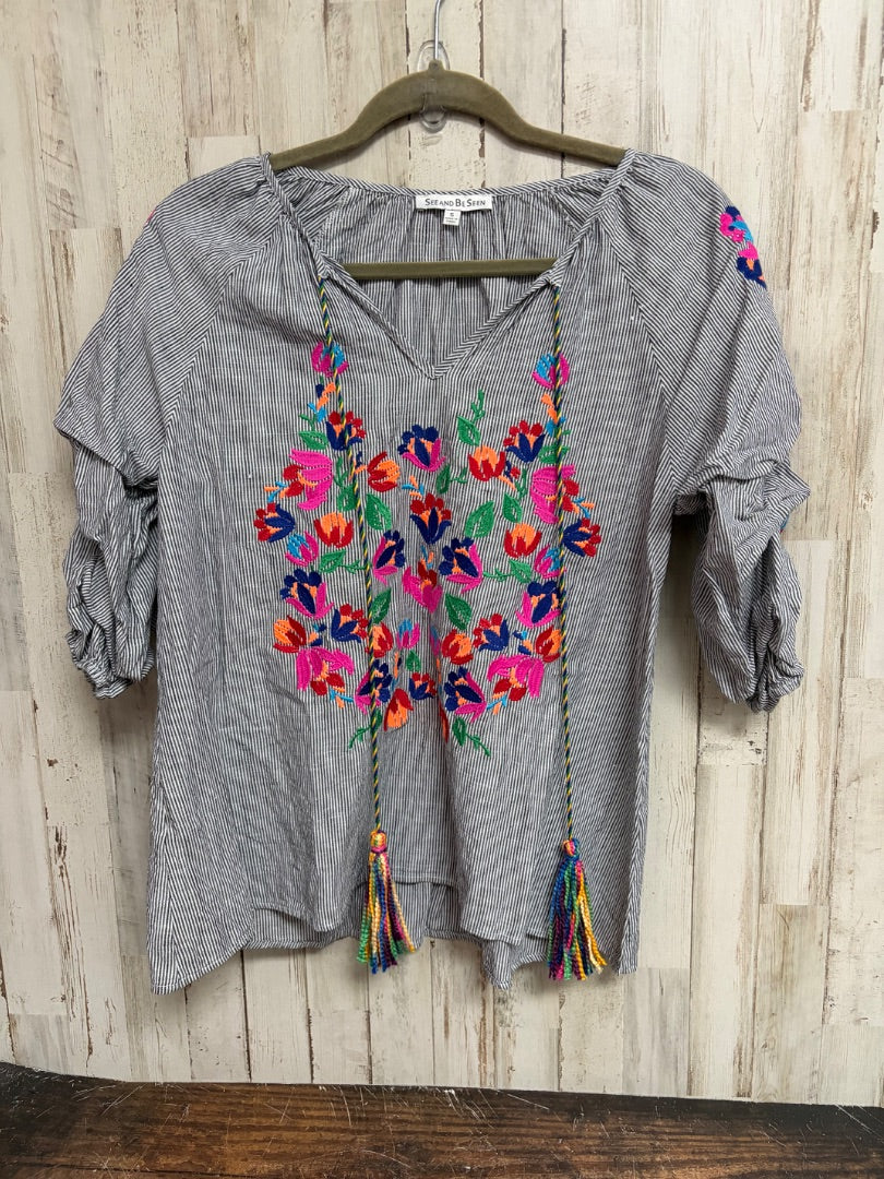 NAVY SEE AND BE SEEN EMBROIDERED TOP, LADIES S