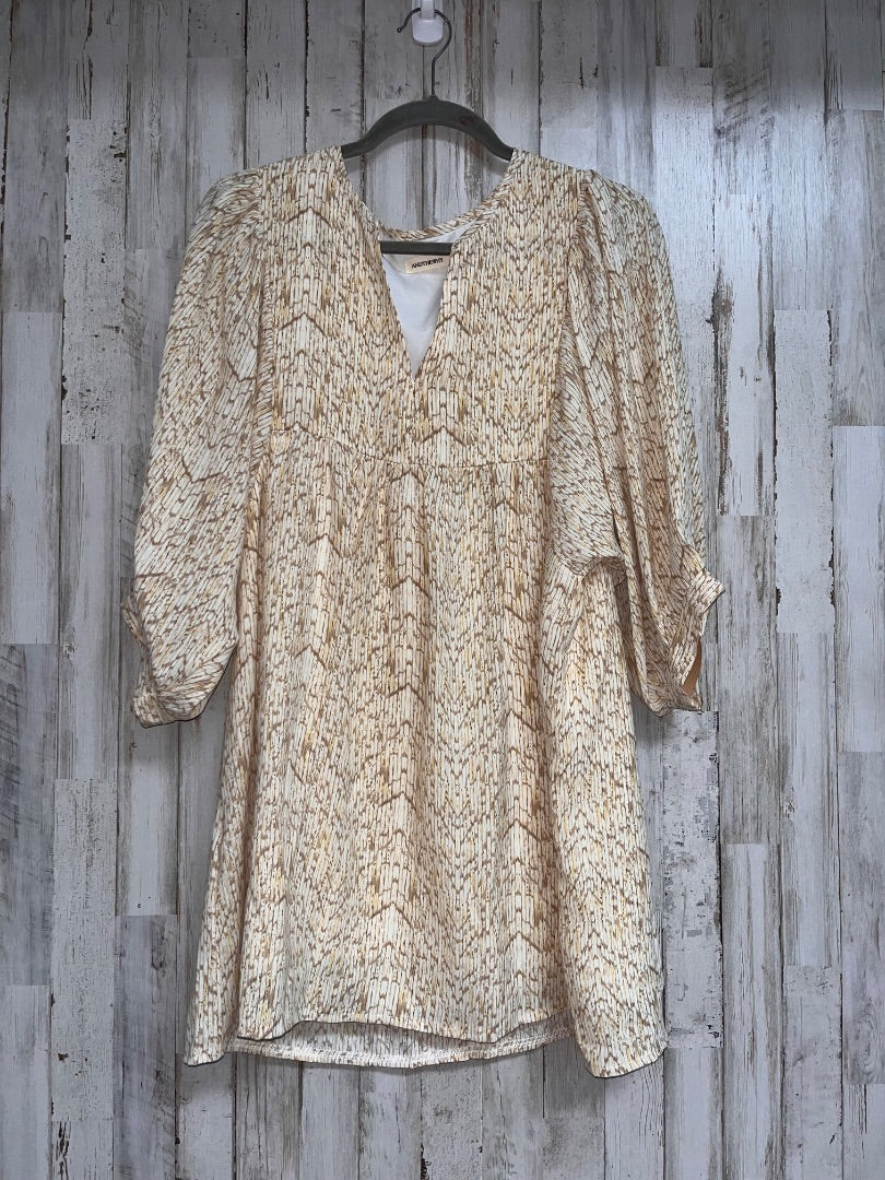 TAN ANDTHEWHY PRINTED V NECK PUFF SLEEVE DRESS, LADIES S