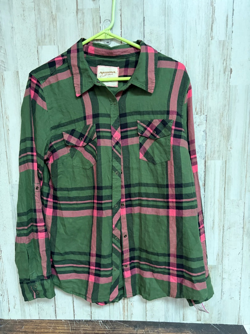 OLIVE ARIZONA PLAID BUTTON UP, LADIES L