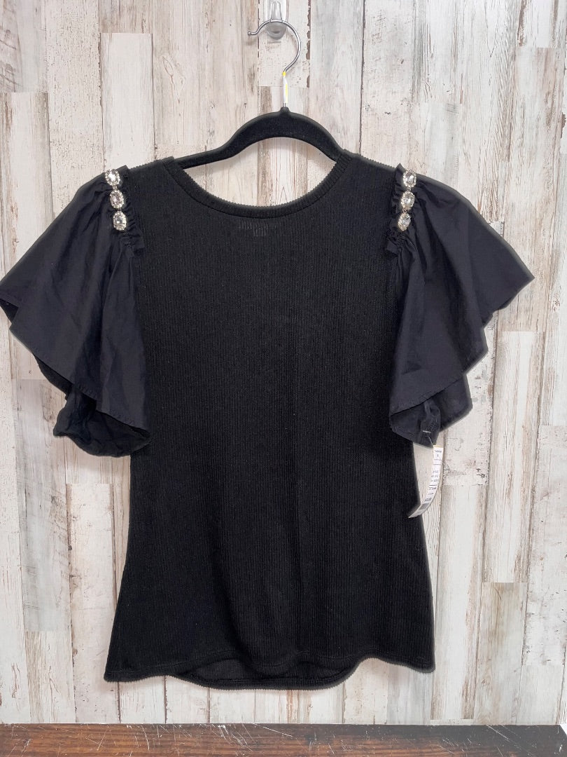 BLACK ENTRO RHINESTONE SHOULDER RIBBED BLOUSE, LADIES S