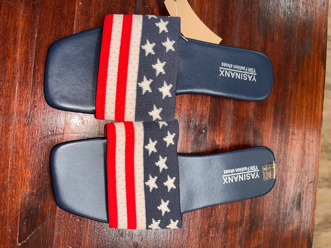 NAVY TSN AMERICAN FLAG SLIDES, SHOES A8.5