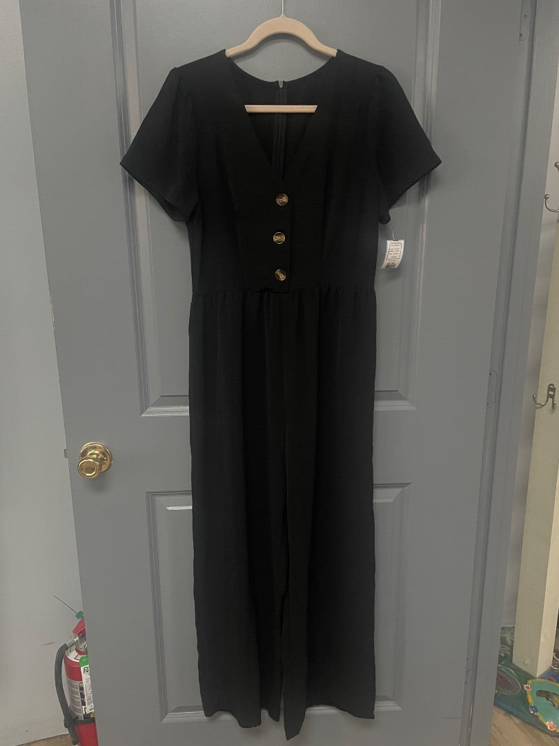 BLACK SHEIN BUTTON V NECK JUMPSUIT, LADIES L