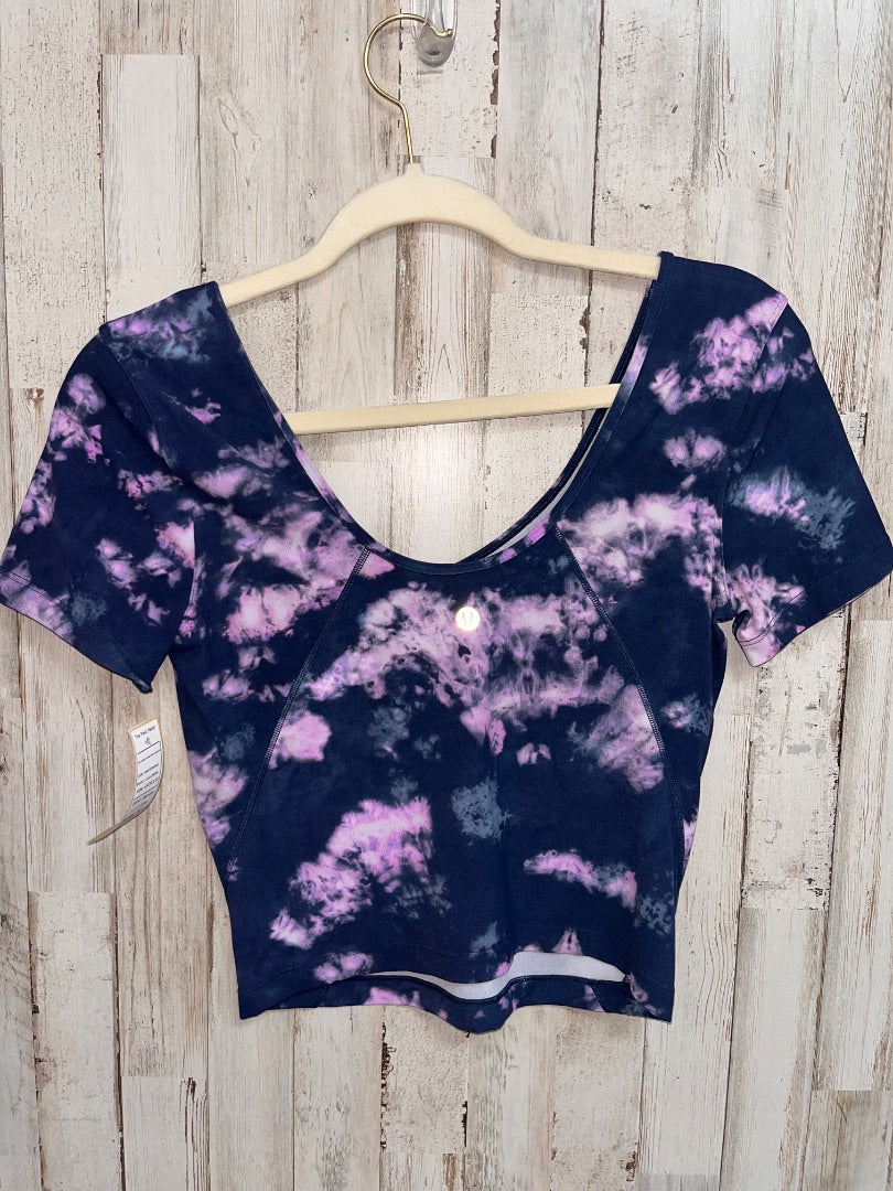 NAVY/PURPLE LULULEMON SZ 6 SMOKY V NECK DRY FIT CROP TEE, LADIES M