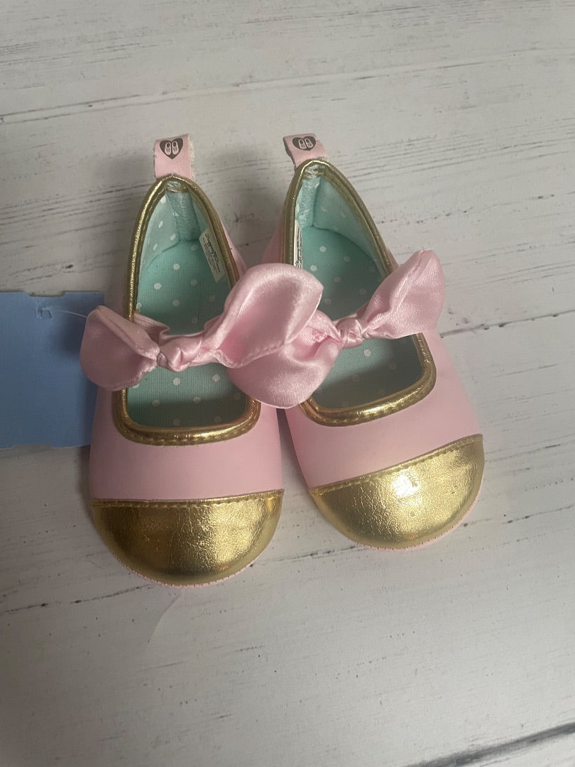 PINK/GOLD STEPPING STONES GOLD TOE BOW FLATS, SHOES 9-12M