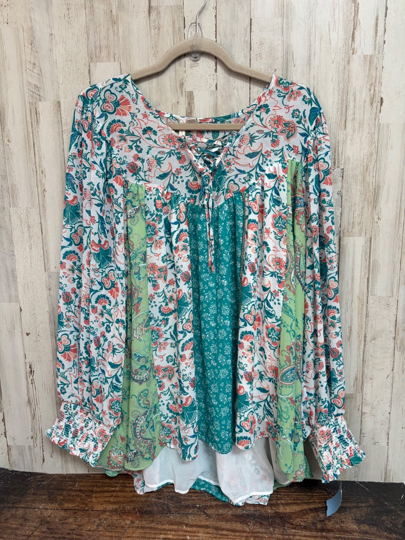 TEAL CATO PRINTED TIE TOP, LADIES 2X