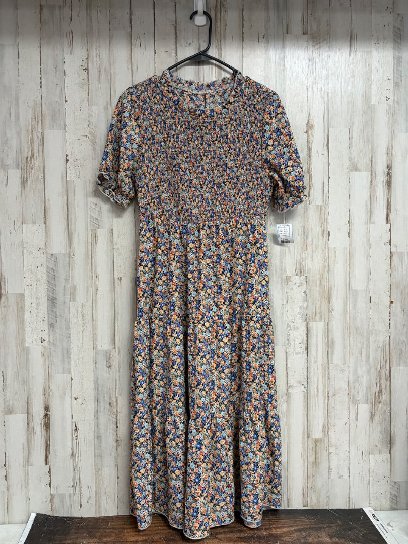 BLUE SHEIN SMOCKED FLORAL DRESS, LADIES L