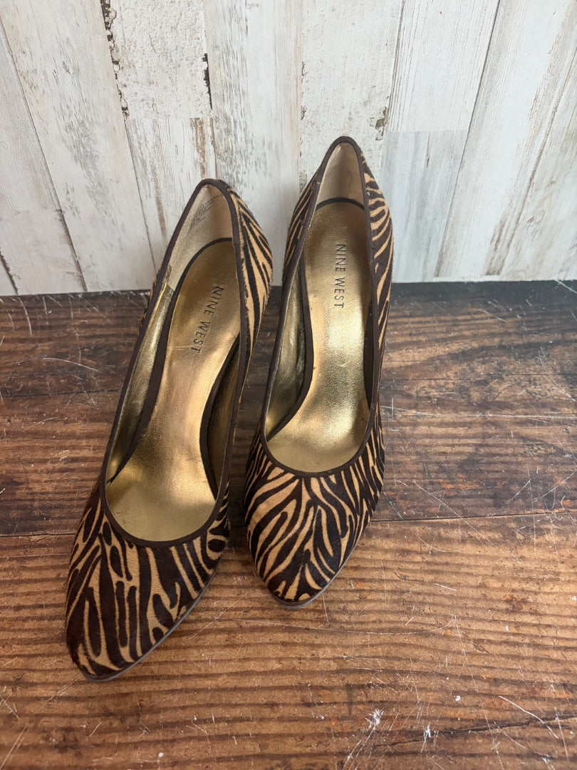 BROWN NINE WEST ZEBRA HEELS, SHOES A7.5