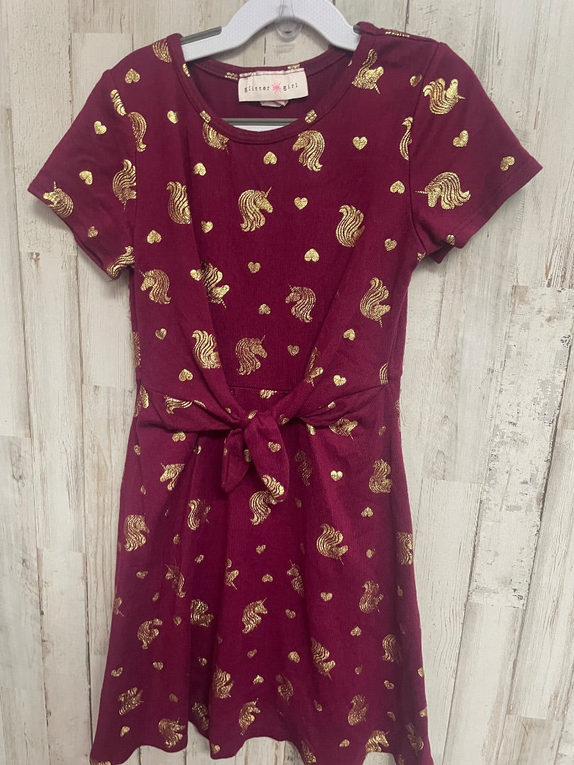 MAROON GLITTER GIRL UNICORN TIE DRESS, GIRLS 8