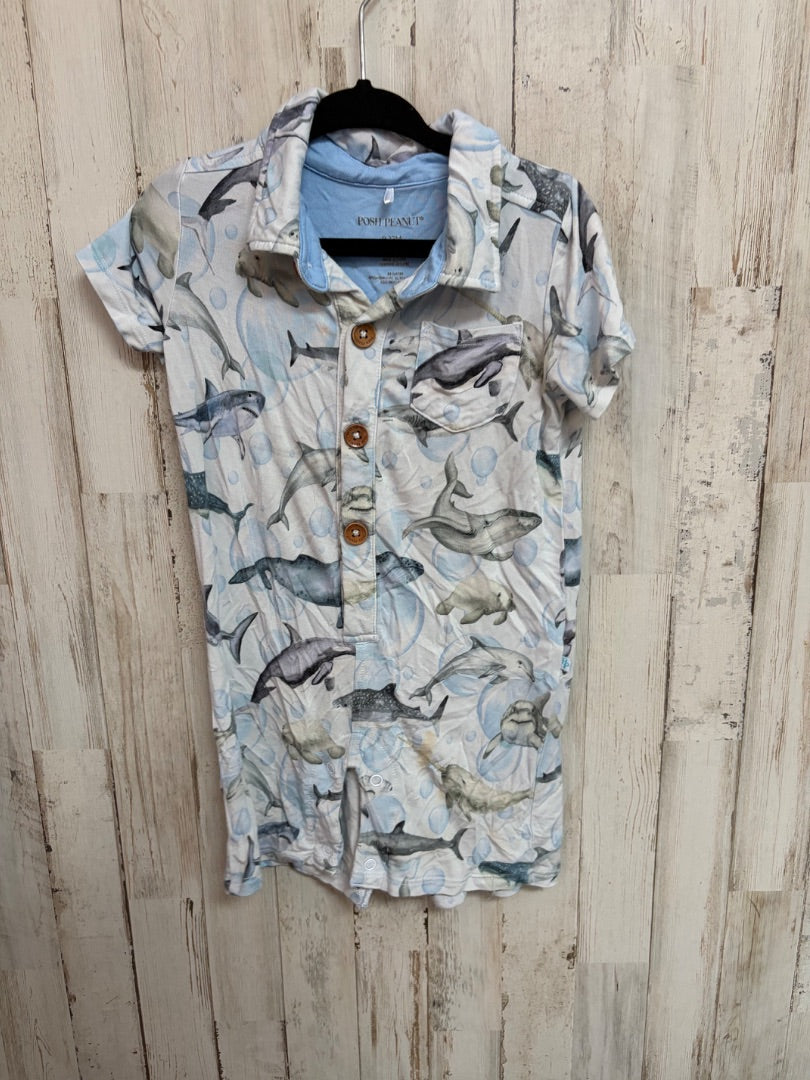 BLUE POSH PEANUT WHALE ROMPER, BOYS 9/12M