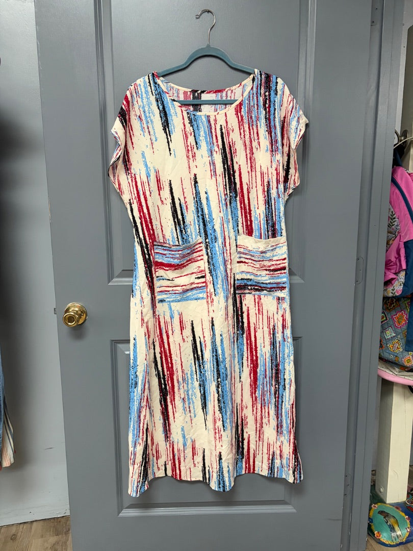 WHITE PRINTED POCKET DRESS, LADIES XL