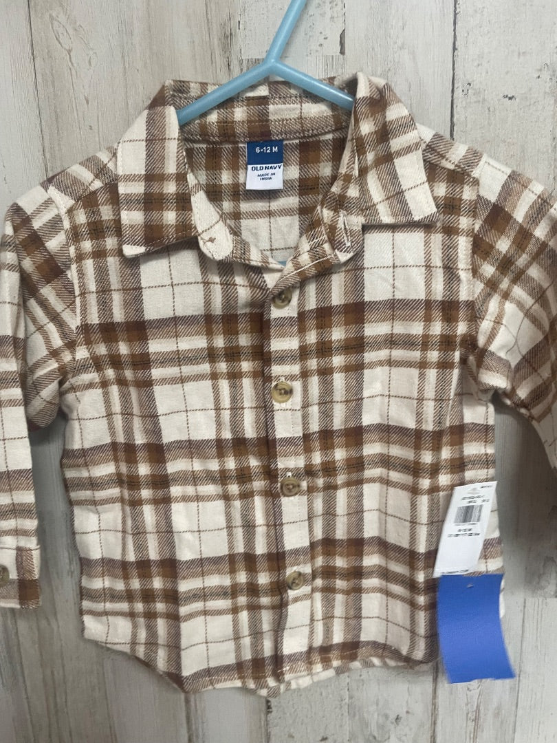 TAN OLD NAVY NEW PLAID FLANNEL BUTTON UP, BOY 6-12M