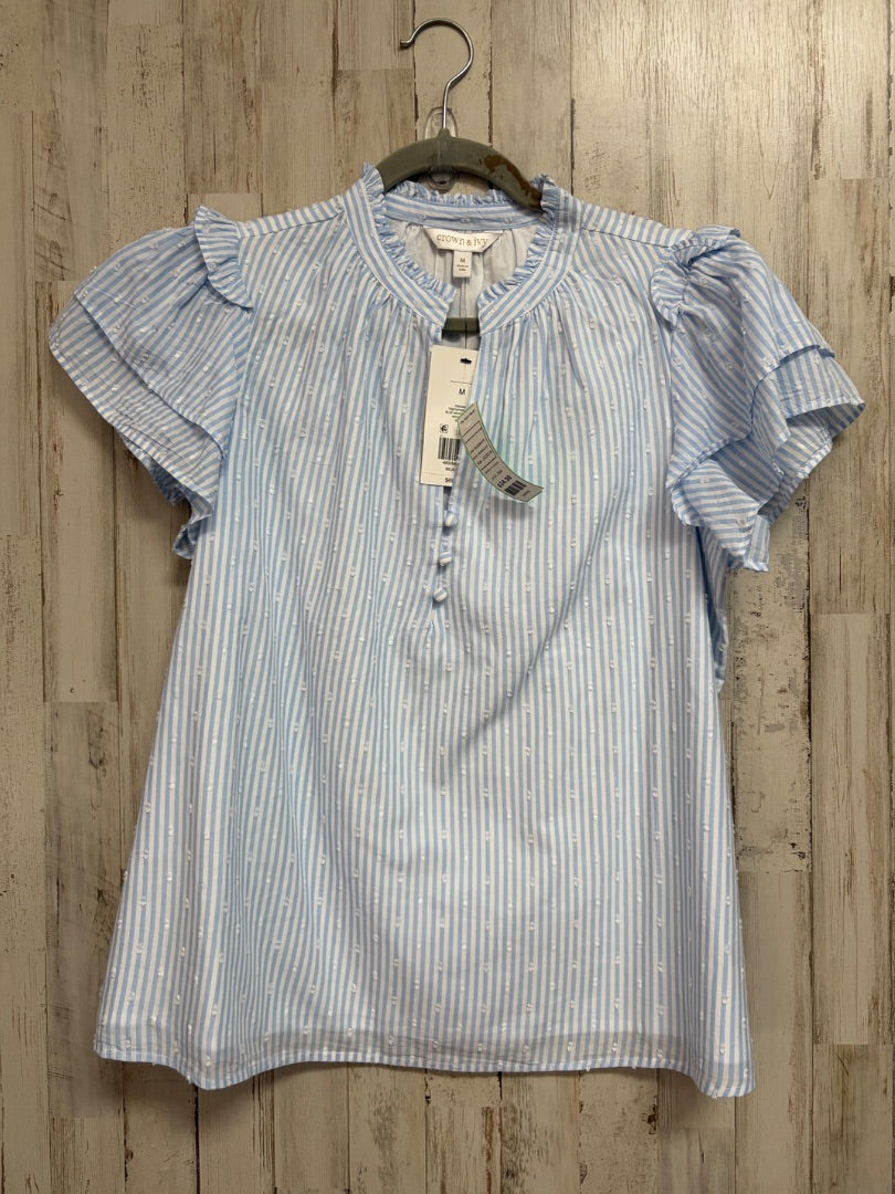 BLUE/WHITE CROWN & IVY NEW STRIPE RUFFLE SLEEVE BLOUSE, LADIES M