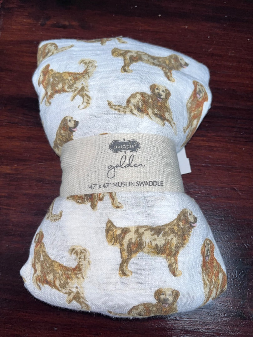 WHITE MUDPIE NEW GOLDEN RETRIEVER MUSLIN BLANKET