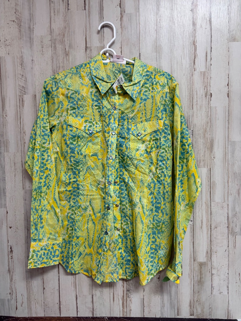 YELLOW/BLUE PRINTED BUTTON UP, LADIES M
