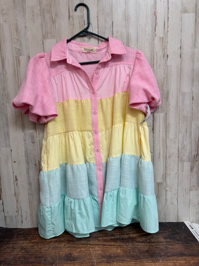 PINK/YELLOW PEACH LOVE TIER BUTTON DRESS, LADIES S