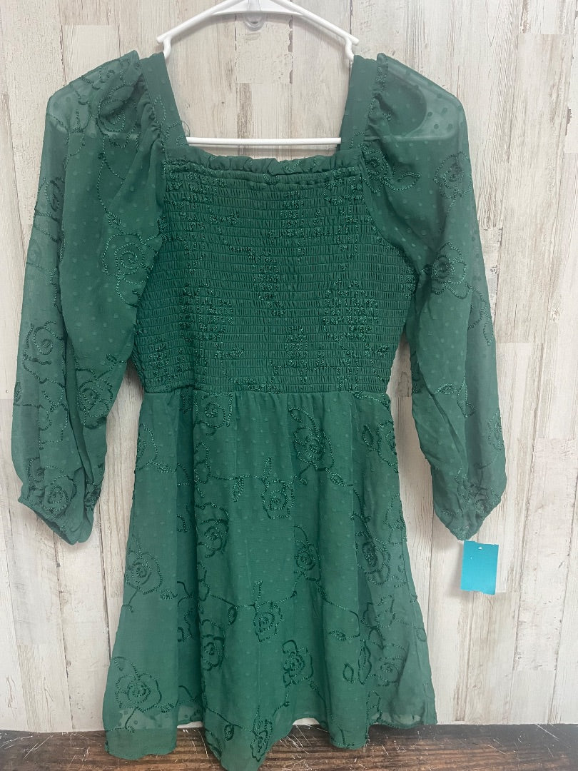 HUNTER GREEN RARE EDITIONS SMOCKED SHEER SLEEVE DRESS, GIRL 12