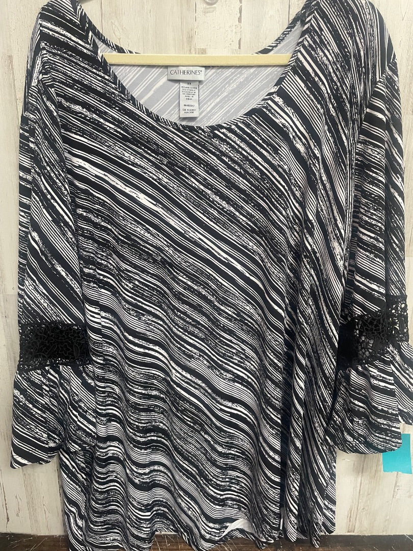 BLACK CATHERINES STRIPE BELL SLEEVE BLOUSE, LADIES 3X