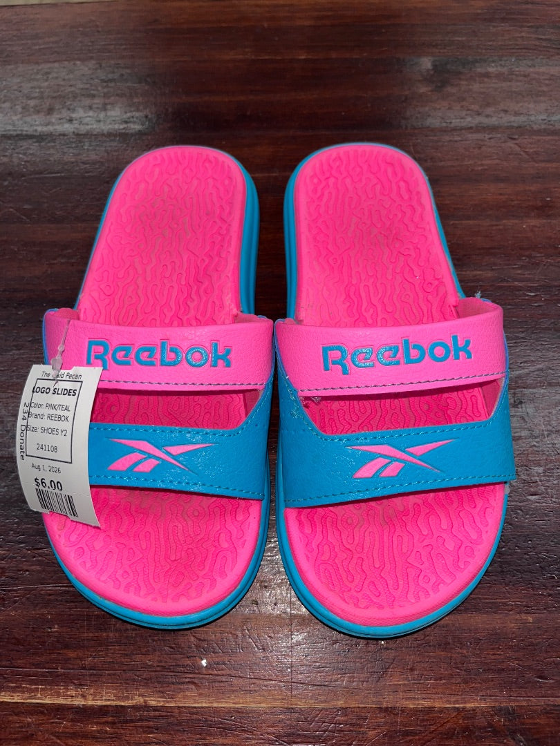 PINK/TEAL REEBOK LOGO SLIDES, SHOES Y2