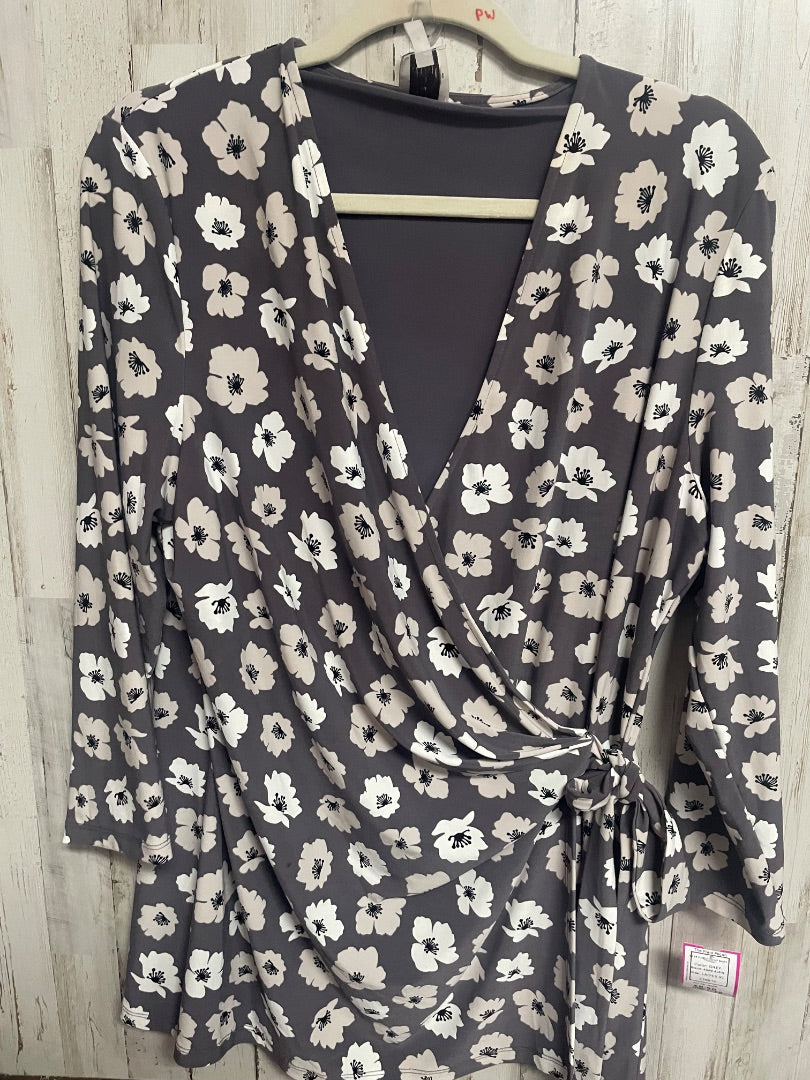 GREY ANNE KLEIN SZ 16 FLORAL WRAP SHIRT, LADIES XL
