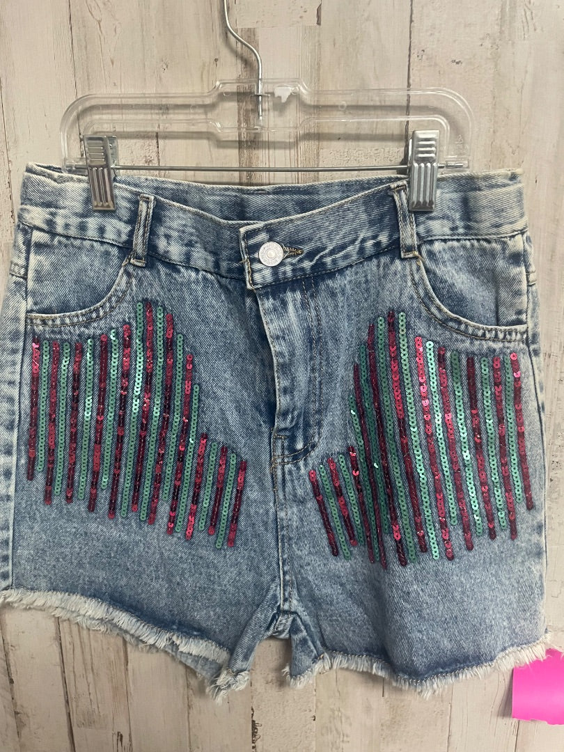 DENIM/PINK/TEAL BOUTIQUE COLORFUL STRIPE SEQUIN JEAN SHORTS, GIRL 10/12