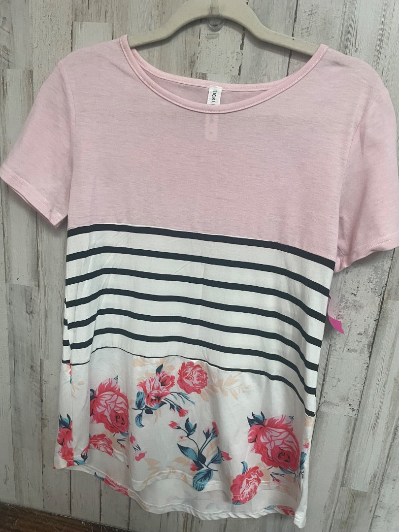 PINK TICKLED TEAL STRIPE FLORAL COLOR BLOCK TEE, LADIES M
