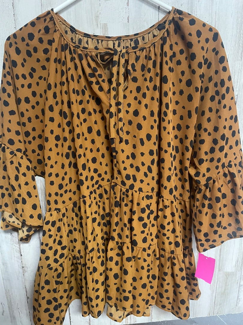 BROWN SPOTTED KEYHOLE TIER BLOUSE, LADIES L