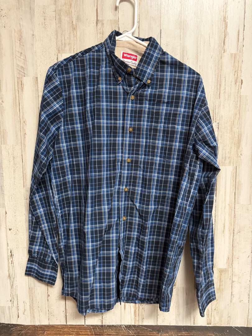 NAVY WRANGLER PLAID BUTTON UP, BOY ADULT S