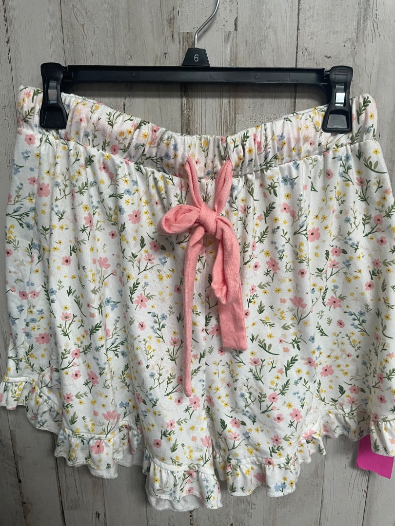 WHITE/PINK FLORAL RUFFLE LOUNGE SHORTS, LADIES XL