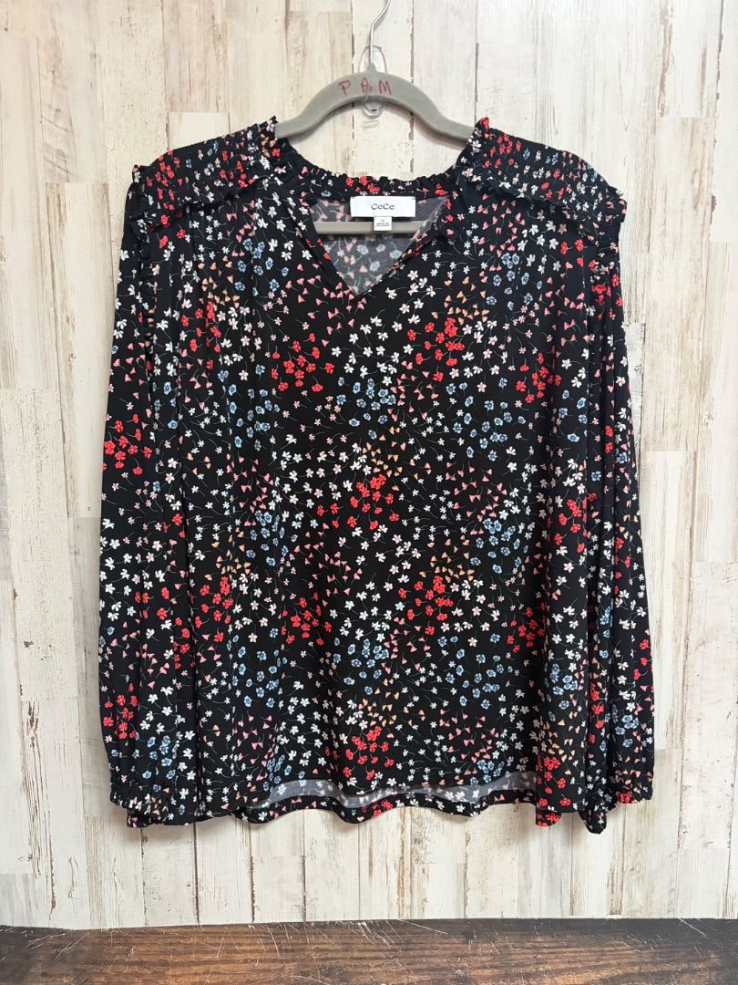 BLACK CECE FLORAL V NECK BLOUSE, LADIES XL